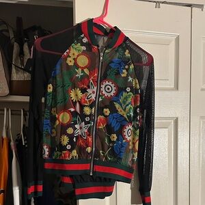 Floral Mesh Bomber Jacket with matching pants two piece set
